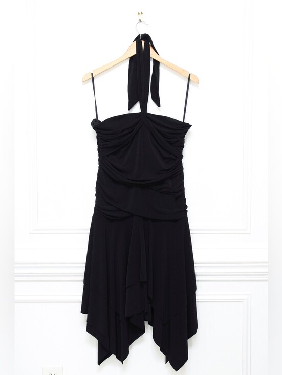 Vintage Dresses & Skirts - Vintage Black Asymmetrical Halter Dress Ruched Drop Waist Size 16 Y2K 90s Hoco